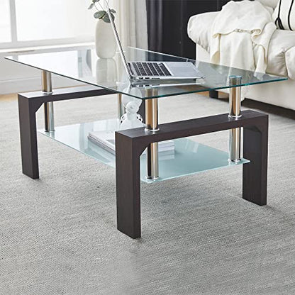Btrpily Walnut Rectangular Coffee Table, 39.5in x 23.5in x 17.5in, Glass Tabletop with Lower Shelf, Adjustable Bottom Corners - color: Walnut