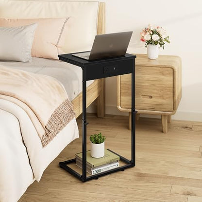 C Shaped End Tables Set of 2 with Charging Station, 33.2'' Tall C Table Adjustable Height Side Table, Small Side Table for Small Spaces, Couch Sofa Table TV Tray for Living Room, Black - color: Black (2 Pack), style: With Plug