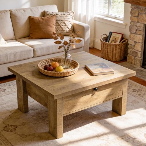 Tribesigns 31.5" Coffee Table, Farmhouse Coffee Table with Storage Drawer, Square Center Table for Living Room & Small Spaces, Brown