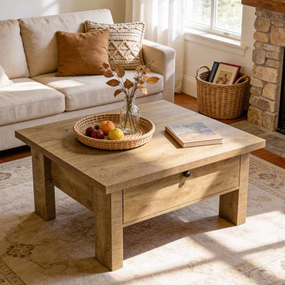 Tribesigns 31.5" Coffee Table, Farmhouse Coffee Table with Storage Drawer, Square Center Table for Living Room & Small Spaces, Brown