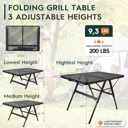 WildFinder 3 FT Folding Grill Table, Portable Camping Table for Outside, 3 Adjustable Height Folding Table with Desktop, Lightweight Outdoor, Camping, Picnic, BBQ - size: 3x2FT(X-Frame)