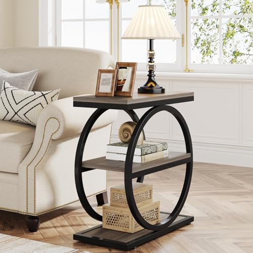 LITTLE TREE 3-Tier End Table Set 2, Grey Side End Table with Storage Shelves, Small Sofa Side Table for Living Room, Slim Nightstand and Bedside Table with Black Double Round Metal Legs - color: Grey and Black