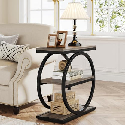 LITTLE TREE 3-Tier End Table Set 2, Grey Side End Table with Storage Shelves, Small Sofa Side Table for Living Room, Slim Nightstand and Bedside Table with Black Double Round Metal Legs - color: Grey and Black