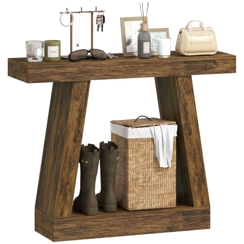 HOMCOM 41.7" Narrow Entryway Table with Thickened Tabletop, Rustic Brown | 2-Tier Farmhouse Console Table, Storage Shelf, Trapezoidal Base, Behind Couch Sofa, Living Room, Hallway, Entrance - size: 41.7" W