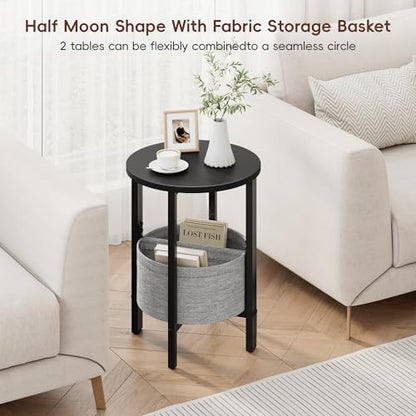 Vagusicc Small Round Side Table End Table, Tall Accent Table with Storage Basket, Set of 2 Half Round Tables Half Moon Tables, Coffee Bedside Tables, Modern Nightstand for Living Room Bedroom, Black - color: Black