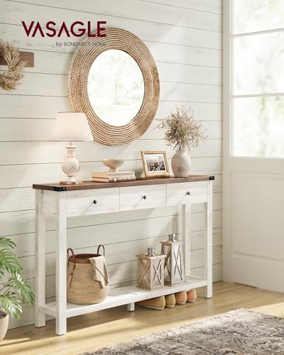 VASAGLE LIRY Collection - Console Sofa Table, Narrow Entryway Table with 3 Drawers, Open Storage Shelf, Metal Corners, for Living Room, Farmhouse Style, Honey Brown and Rustic White ULNT142WJ02S