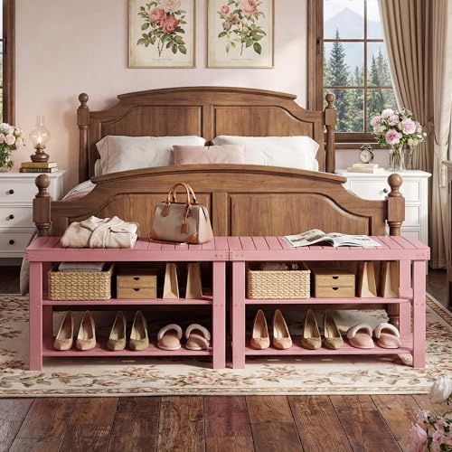 SMIBUY Bamboo Shoe Rack Bench, 3-Tier Shoe Organizer Storage Shelf for Entryway Hallway Bathroom Living Room (Pink) - color: Pink