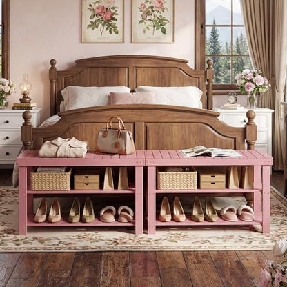 SMIBUY Bamboo Shoe Rack Bench, 3-Tier Shoe Organizer Storage Shelf for Entryway Hallway Bathroom Living Room (Pink) - color: Pink