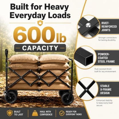 Wagons Carts Foldable Heavy Duty, 600 lb Tank Wheel Wagon with Brakes | Tank wheel utility wagon for groceries, beach, camping, garden and moving; 220L storage, all-terrain wheels and dual brakes - color: Light Black