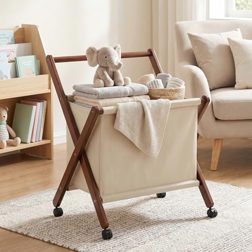 Foldable laundry cart with X-Frame – Small Bamboo wood laundry hamper | laundry basket on wheels Bathroom, RV, Dorm Collapsible Space Saving Clothes Hamper with Removable Cotton Liner