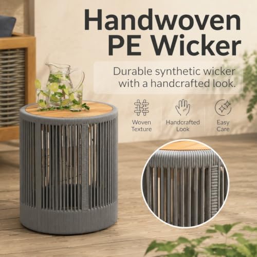 IRONORA Grey Hand-Woven PE Rattan Round Patio Side Table, Solid Acacia Wood Top Hollow Drum Accent End Table, Weather Resistant Coastal Side Table for Backyard Balcony Sunroom Living Room - color: 15-inches Gery
