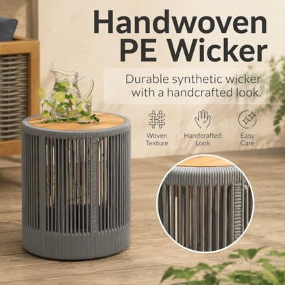 IRONORA Grey Hand-Woven PE Rattan Round Patio Side Table, Solid Acacia Wood Top Hollow Drum Accent End Table, Weather Resistant Coastal Side Table for Backyard Balcony Sunroom Living Room - color: 15-inches Gery