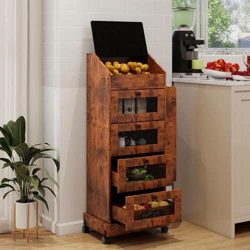 ARTETHYS Potato Storage Bin 5-Tier Rolling Bread Box Cabinet with Side Rack | Onion Keeper with Spice Rack on Wheels, Movable Fruit & Vegetable Container with 4 Ventilated Drawers for Kitchen, Rustic - color: Rustic