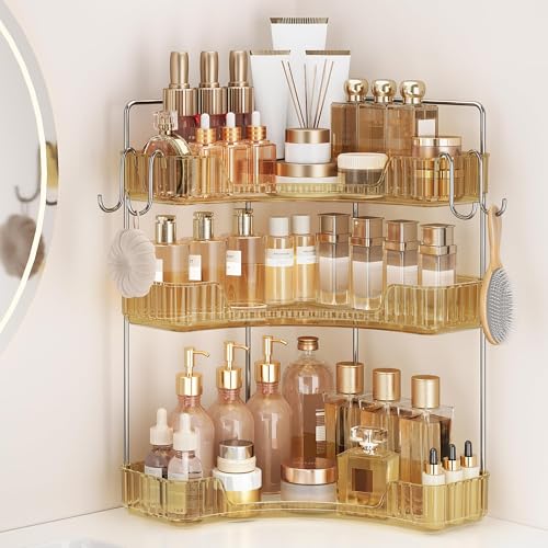 3 Tiers Bathroom Corner Organizer,Bathroom & Kitchen Storage Tray | Storage Countertop with Hooks Skin Care Exquisite Vanity Organizer Countertop Bathroom Storage Dresser, Kitchen-Gold - color: Gold, size: 3-Tier