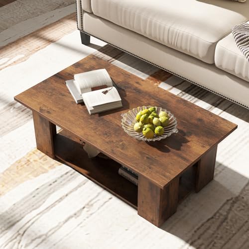 Tangkula 2-Tier Coffee Table, Modern Rectangular Center Cocktail Table with 5 Support Legs, Wooden Accent Living Room Furniture, Small Coffee Table for Small Spaces, Easy Assembly (Rustic Brown) - color: Rustic Brown