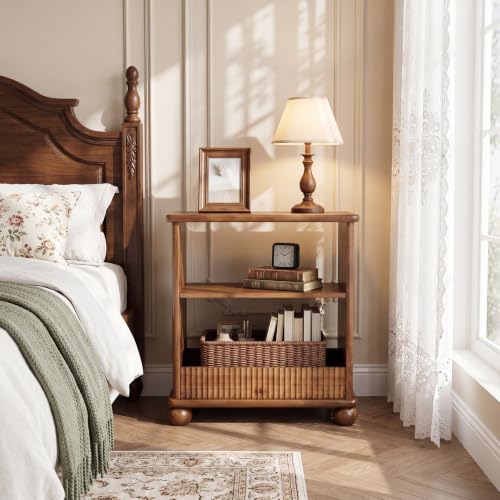 Solid Wood Side Table, 3-Tier Narrow End Table, Nightstands with Shelf Storage for Living Room, Bedroom, Office and Small Spaces, Easy Assembly, Rustic Brown
