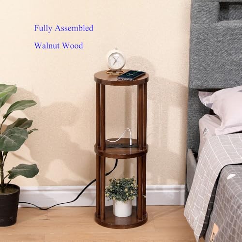 9 x25 Fully Assembled Walnut Wood Round Drink Table with Charging Station, Mid-Century Modern Circle Wood Accent Pedestal Table for Living Room or Small Bedroom Nightstand