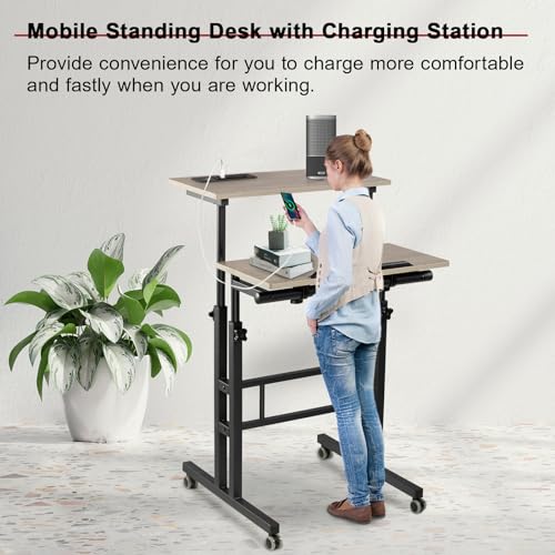 Hadulcet Mobile Standing Desk Adjustable Height with Charging Station | Standing Computer Desk, Standing Adjustable Laptop Cart with Wheels for Home Office Classroom Light Grey - color: Light Grey, size: 23.6" With Charging Station