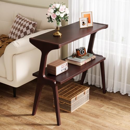 Tribesigns Solid Wood End Table, 2-Tier Farmhouse Side Table with Storage Shelves, Slim Side Table for Couch with Unique Legs, Long Bedside Table for Bedroom, Living Room, Burgundy - color: Burgundy