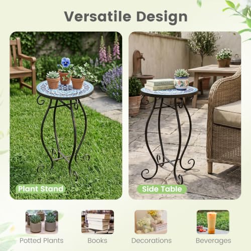 Giantex Outdoor Side Table, Mosaic Patio Table, 12inch Accent Table Plant Stand Indoor, Mosaic Ceramic Tile Top Metal Frame, Small End Table Porch Beach Patio Garden Balcony Poolside - style: Ocean
