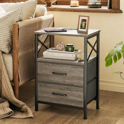 Huuger Nightstands Set of 2, Night Stand with Charger Station, 2 Drawer Side Table with Open Shelf, USB-C Port, End Table for Small Spaces, X Shaped Side Rail, Oak - color: Oak