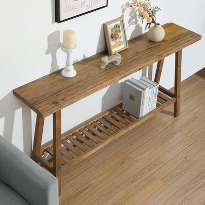 HOKYHOKY Reclaimed Solid Wood Console Table, 59" Long Farmhouse Entryway Tables, Rectangular Couch Table Behind Sofa, 2 Tiers Accent Tables for Hallway, Entrance, Foyer, Living Room - size: 59"