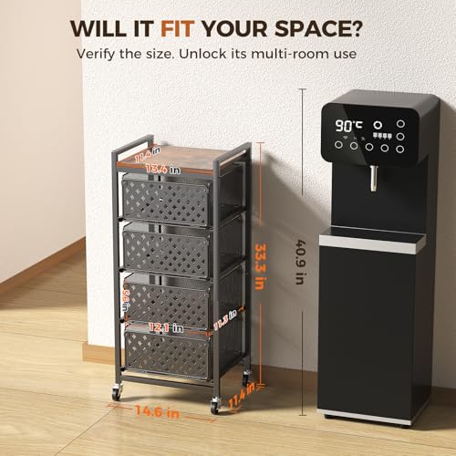 5 Tier Kitchen Storage Cart with Wheels, Utility Fruit Vegetable Storage Rack Stand with Pull-Out Baskets & Wood Top, Metal 4-Drawers Rolling Snack Cart, Kitchen Cart for Potato Onion(Black) - color: Black
