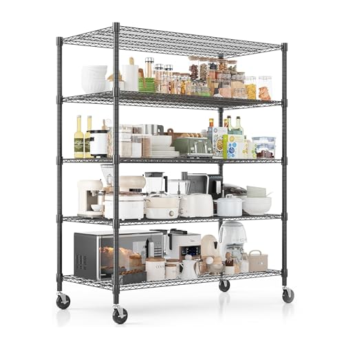 Xcity Storage Shelves, 5 Tier Heavy Duty Metal Shelving Unit with Wheels, 3000 LBS Adjustable Steel Wire Shelf for Commercial, Pantry, Kitchen, Garage, 24" D x 55" W x 72" H, Black - color: Black, size: 55"W x 24"D x 72"H, 5-Tier