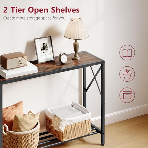 Console Table 41.8", 2 Tier Industrial Entryway Table with Shelves | Narrow Sofa Table with Stable X-Frame, Entrance Table for Entryway, Hallway, Living Room, Foyer, Office, Rustic Brown - color: Rustic Brown