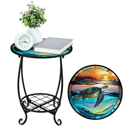 Cinnvoice Outdoor Side Table Round Small Mosaic Patio Accent Indoor End Plant Coffee Tea Table for Yard Patio Porch Garden Living Room, Bedroom(Turtle Style,14 Inch) - size: 14 Inch, style: Turtle Style