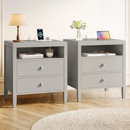 Huuger Grey Nightstand Set of 2, Night Stand with Charger Station, Bedside Table with 2 Drawers, Bed Side Tables for Bedroom, Modern Nightstands, Metal Knobs, Painted Surface - color: Grey
