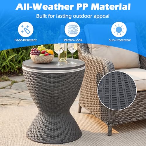 Tangkula Outdoor Cooler Table, Multi-Functional Cooler Bar Table, Adjustable Height Ice Cooler Side Table w/Drain Plug, 8 Gallon Beer & Wine Cooler, Rattan Style Patio Furniture for Pool Parties - color: Grey