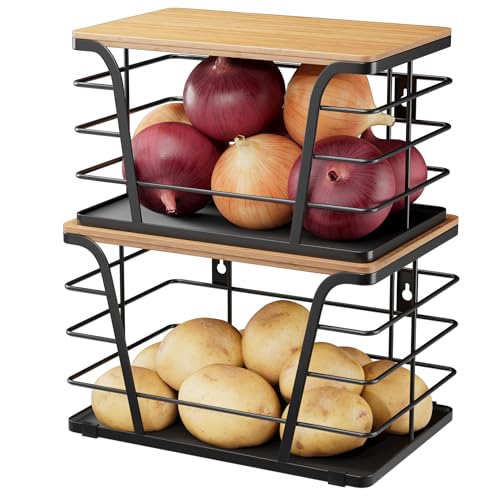 2 Pack Potato and Onion Storage Bins, Stackable Kitchen and Pantry Organizer with Bamboo Top & Lightweight PP Mat, for Vegetables, Fruit, Onion, Potato, Garlic - Pantry, Kitchen Storage Bins (Black) - color: 2 Pack-L&M-Black