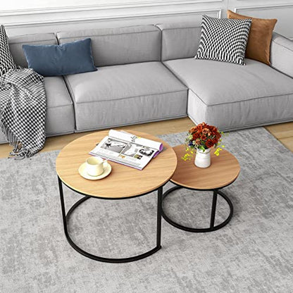 HOJINLINERO Round Nesting Coffee Table Set of 2,Cocktail Table,Large,Oak | Center Table for Living Room,Small Apartment,Small Space,Stacking Side Tables,Wood Tabletop,Sturdy and Easy to Assemble - color: Bk+oakdk, size: Large