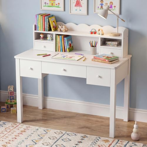 FUNKOCO White Writing Desk with Hutch & 5 Drawers - 40 Inch Modern Computer Workstation for Home Office, Teen Desk, Small Study Desk, Ideal for Gift - color: 3-large White