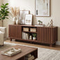 70 Inch Walnut Fluted TV Stand for 80 Inch TVs, Mid Century Modern Entertainment Center with Sliding Doors, Power Outlets, Storage Shelves, Wood Media Console Cabinet for Living Room