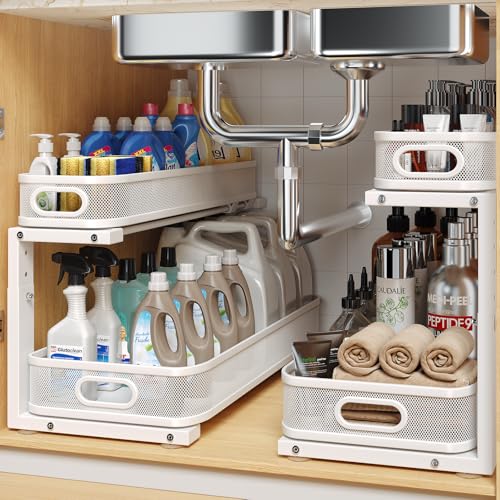 2 Pack 21.3IN-Depth Under Sink Organizer with Smooth Cylindrical Rail,2-Tier Pull Out Multi-Purpose Cabinet Storage for Bathroom&Kitchen,Height Adjustable,Rust-Resistant Coating-White - color: White, size: 2 Pack-21.3"Dx11"-16.14"H