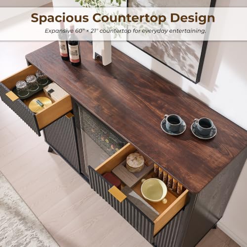 OKD 60" Fluted Coffee Bar Cabinet with Mini Fridge Space, Black and Walnut | Mini Fridge Compatible, Built In Charging Station, 3 Stemware Racks, 2 Drawers, 2 Cabinets, Home Bar Cabinet Storage - color: Black and Walnut