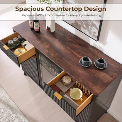 OKD 60" Fluted Coffee Bar Cabinet with Mini Fridge Space, Black and Walnut | Mini Fridge Compatible, Built In Charging Station, 3 Stemware Racks, 2 Drawers, 2 Cabinets, Home Bar Cabinet Storage - color: Black and Walnut