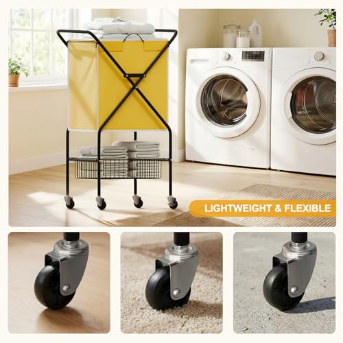 Convenient Laundry Basket with Wheels,36" High Easy Rolling Laundry Cart with Wheels,Heavy Duty Dirty Clothes Laundry Hamper with Handles Removable Bag for Seniors,Folding Metal Frame/Yellow/98L - color: Yellow