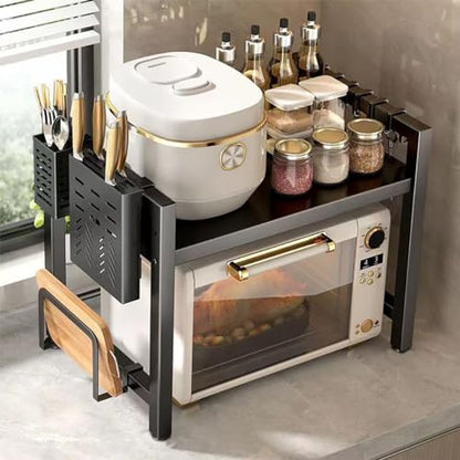 Extendable Microwave Oven Rack, 15.7~24.8" L Expandable Microwave Stand with Storage Shelf Heavy Duty with 6 Hooks and Chopsticks Cutting Board Holder for Kitchen Countertop - color: Black