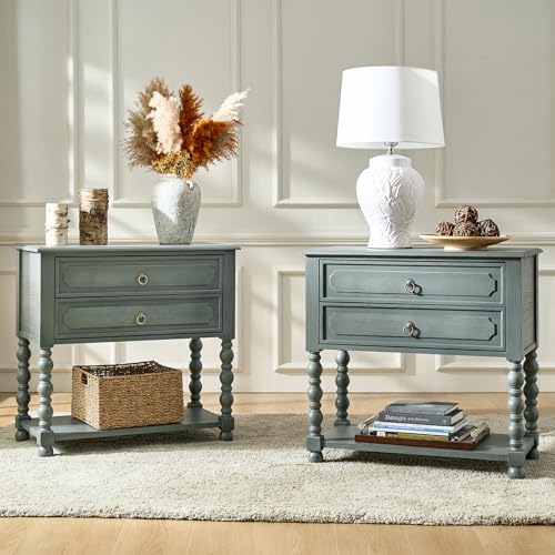 HULALA HOME Farmhouse End Table with Charging Station, 2PK Blue | Open Shelf Storage, Drawer Organization, Spindle Legs, Solid Wood Details - color: Blue