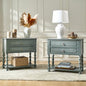 HULALA HOME Farmhouse End Table with Charging Station, 2PK Blue | Open Shelf Storage, Drawer Organization, Spindle Legs, Solid Wood Details - color: Blue