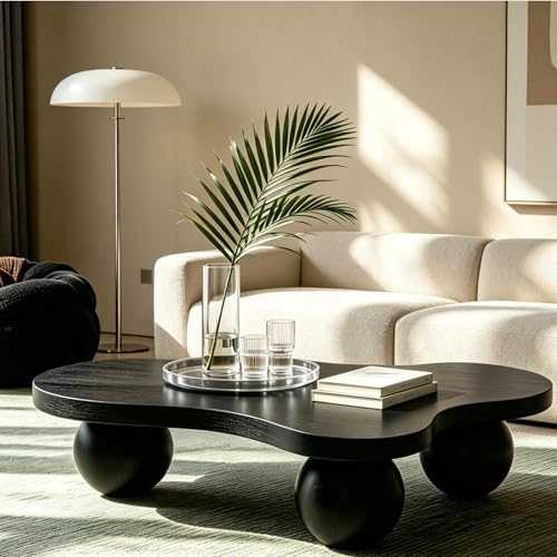 46" Cloud Coffee Table with 3 Ball Legs, Modern Irregular Center Table for Living Room, Low Cute Small MDF Tea Table for Bedroom, Space Apartment, Black - color: Cloud-46" Black