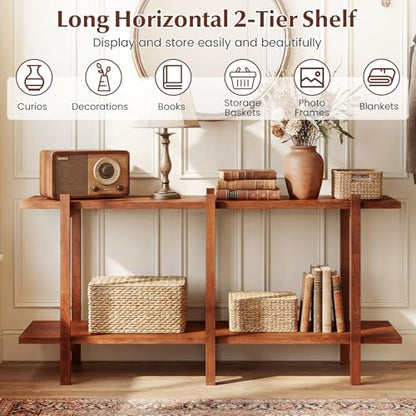 Giantex 2-Tier Wood Bookshelf, 48" Modern Console Table with Wide Storage Shelf, Horizontal Rubber Wood Bookcase, Open Display Racks Shelving Unit for Bedroom, Living Room, Office, Entryway