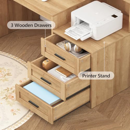 65" Farmhouse Computer Desk with Drawers and Printer Stand for Home Office | Office Desk with Power Outlets and Storage Cabinet, Study Writing Desks with Long Monitor Stand, Oak - color: Oak