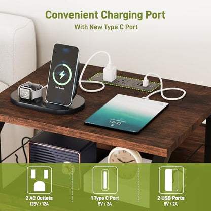 runjuly Night Stand Set 2, Nightstand with LED Lights and Fabric Drawers, Matching End Tables with Charging Station USB C Port, Bedside Tables with Hooks for Bedroom, Rustic Brown - color: Rustic Brown, style: Larger+Taller Set of 2