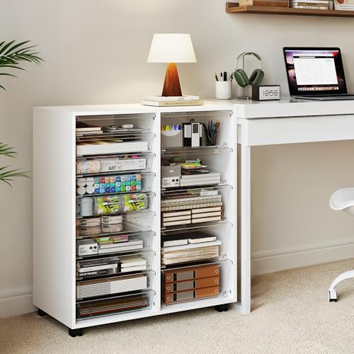 WOPITUES Mobile Storage Cabinet with 15 Clear Drawers, Craft Cabinet with 5 Large Drawers, Cart with Wooden Tabletop, Printer Stand Home Office, Dresser Chest, Modern White - color: White, size: 10M+5L