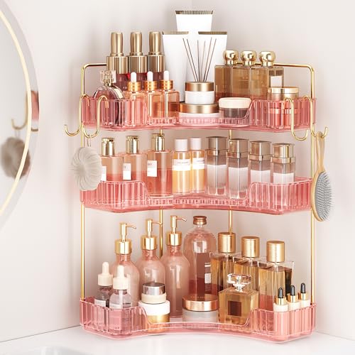 Corner Bathroom Counter Organizer 3-Tier Bathroom Organizer | Storage Countertop with Hooks Perfume Organizers Storage Shelf for Makeup & Skincare Dresser-Pink - color: Pink, size: 3 Tier