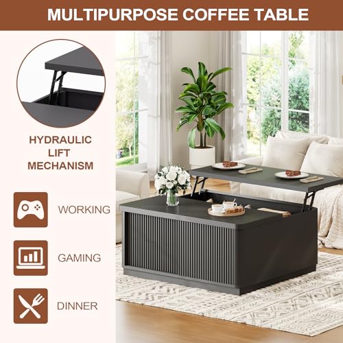 Itaar 39.4'' Lift Top Coffee Table with Storage, Fluted Coffee Tables for Living Room, Square Coffee Table with Large Hidden Compartment & 2 Drawrs & Adjustables Shelves, Black - color: Black